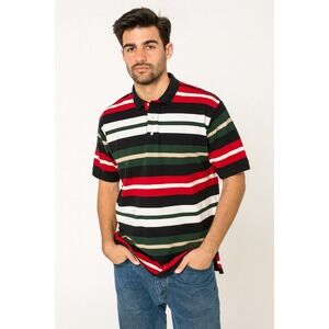 Basic Options Striped Polo Shirt‎ Color Block Short Sleeve Vtg 90's Men's Large